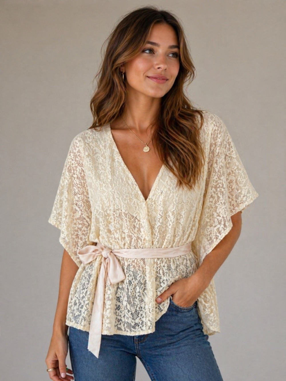 Umgee Lace Peplum Top Cream Boho Romantic Sheer Tie Waist Flowy Blouse M